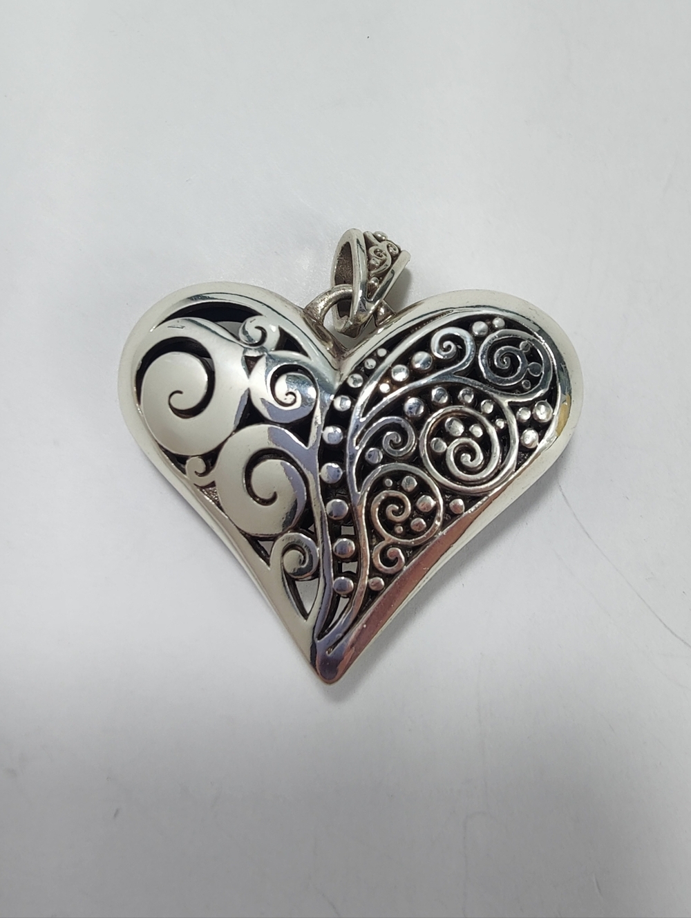 Brighton Puffy Heart Pendant Silver Tone 3D Filigree Scroll Large 1.5” Statement